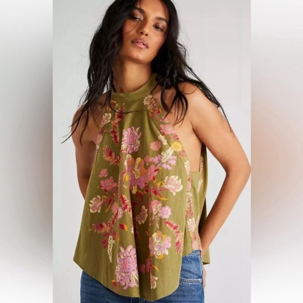 Free People FP Emily Green Floral Halter Tank Boho Lightweight Cotton Top S